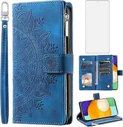 [Asuwish] Phone Case for Samsung Galaxy A52/A52S 5G Wallet Cover with Tempered Glass Screen Protector and Wrist Strap Mandala Flower Flip Zipper Card Holder Cell A 52 S 4G G5 52A S52 52S Women Blue