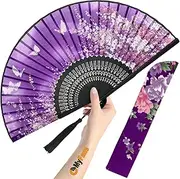 OMyFans Hand Fan for Women Foldable - Folding Chinese Japanese Vintage Bamboo Silk Fan - Ideal for Hot Flashes, Church, EDM, Festivals, Dancing and Gifts (Sakura-Purple)