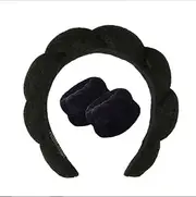 Spa headband with wrist strap for washing your face and a 3-piece set for makeup skincare Bubble skincare headband Fluffy hair bands for women, teens girls Cute Hair Accessories-Black