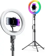 10'' Ring Light with Stand 72'' Tall & 2 Phone Holders,15 Color Modes Selfie LED