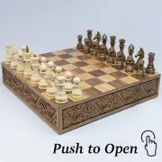 Wooden Chess set with push to open drawer, Made from walnut wood, handmade chess