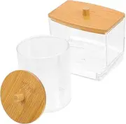 SWOOMEY 1set Cotton Swab Organizers with Bamboo Lid Transparent Makeup Storage Box Versatile Containers for Cotton Buds Toothpicks Items Bathroom Vanity Essentials