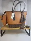 Tan Light Brown Large Tote Bag + Wallet Vegan Leather Everyday Handbag Set