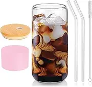 DAMCONME Glass Cups with Lids and Straws 1Pcs, Iced Coffee Cup with Lid, Smoothie Cup, Cocktail Glasses for Whiskey, Soda, Matcha, Juice – 20 Oz with Bamboo Lid, 2 Straws, 1 Brush, Flesh Pink
