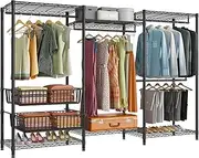 VIPEK V10 Wire Garment Rack 5 Tiers Heavy Duty Clothes Rack with Hanging Rods, Wire Shelves & 2 Slid Storage Baskets, Large Size Clothing Rack 85.4" W x 15.7" D x 76.4" H, Max Load 800 LBS, Black