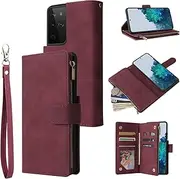 for Samsung Galaxy S21 Ultra Wallet Case,for Galaxy S21 Ultra 5G Case,Boyobacase PU Leather Wallet Flip Cover Stand Feature[ 6 Card Slots and 1 Zipper Coin Pocket] with Wrist Strap-Wine Red