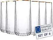 Gold Rimmed Drinking Glasses | Set of 6 | 12.15oz Durable Water Glasses Drinkware Set | Tall Glass Drinking Drinkware | Elegant Bar Glassware