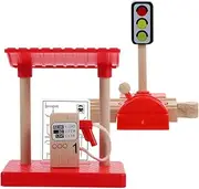 Toyvian Wooden Train Track Accessories - DIY Road Block & Gas Station Set with Traffic Light & Assembly Plaything for Toddlers Kids Ages 3+