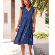 Mister Zimi Dress Sz AU 12 US 8 BNWT Heidi Midi Blue White Polka Dot Linen Blend