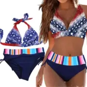 Women Halter Bikini Set V-Neck Sexy Backless Top Mid-Rise Bottom 2Piece Swimsuit