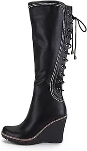 [ANN CREEK] Camuy' Stitching Back Lace Knee-High Wedge Boots for Women