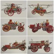 Antique Lithograph Set Of 6 Steam Engine Firetruck Vibrant Artwork Historical