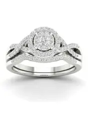 10K White Gold 3/8Ct TDW Diamond Halo Twist Shank Bridal Ring Set