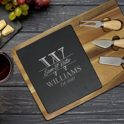 Custom Engraved Rectangle Cheese and Serving Board, Acacia and Slate