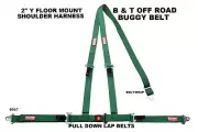 FLOOR MOUNT THREE POINT HARNESS BOLT IN PULL DOWN LAP BELTS DARK GREEN