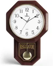 Pendulum Wall Clock - Real Wood Regulator Clock - Schoolhouse Design - Quiet,...