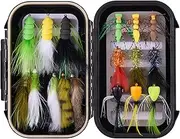 BASSDASH 18pcs Bass Fly Fishing Flies, Dry Wet Flies Poppers in Hook Sizes 1/0, 4, 6 with Waterproof Fly Box