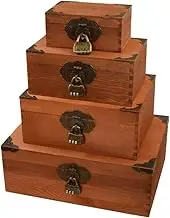 Pentagramtree Set of 4 Vintage Wood Decorative Nesting Boxes Jewelry & Trinket Storage Chests Wood Storage Trunk with Code Locks