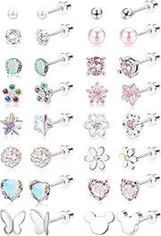 [YADOCA] 16 Pairs Hypoallergenic Girls Earrings for Women Kids 316L Stainless Steel CZ Pearl Ball Heart Flower Screw Back Flat Back Stud Earrings Jewelry Gift Women Multicolored Pink