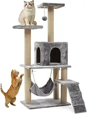 HPAMR Large Multi-Level Cat Climbing Frame Condo Furniture with Sisal-Covered Scratching Posts, 1 Bigger Plush Condos, Perched Platforms and Dangling Balls, Perch Hammock for Kittens, Cats and Pets
