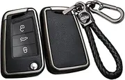 ontto Alloy Car Key fob Cover Fit for VW Golf 7 Ateca Arona MK6 MK7 Polo Jetta Fabia Tiguan Touran Toledo for Skoda Seat Leon Ibiza Octavia Flip leather Key case keyring Key Shell holder bag keychain