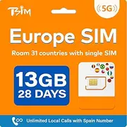 Europe SIM Card 28 Days 13GB 5G Data & Unlimited Local Calls in 31 Countries – Spain Number