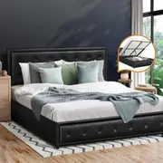 Oikiture Bed Frame Double Size Gas Lift Black Leather