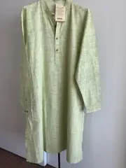 NWT FABINDIA Men's Kurta Lime ‍ Green Woven Cotton Nehru Long Kurta L / XL
