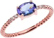 [Dainty and Elegant Gold Rings] 14k Rose Gold Dainty Diamond and Oval Tanzanite Beaded Stackable/Promise Ring