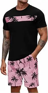 [Floerns] Men's 2 Piece Outfit Graphic Print Tee Shirt Drawstring Track Shorts Set Black Pink L