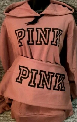Victoria's Secret Pink Campus Hoodie + Boyfriend Pants Set Cocoa Powder Logo M