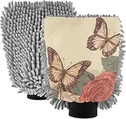 XYMZR Butterflies Beige Red Floral Absorbent Microfiber Car Wash Mitt, Funny Cute Anime Scratch Free for Cars Cleaning, Home Cleaning Mitts, 2 Pack, 10.24” L x 7.09” W