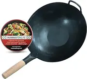 Mammafong Large Flat Bottom 16-inch Traditional Carbon Steel Wok Pan - Authentic Hand Hammered Woks and Stir Fry Pans - Pow Wok with no Chemical Coating