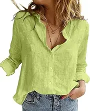 [Generic] Womens Classic Roll up Long Sleeve Blouses V Neck Button Down Linen Shirts Roll Up Work Plain Solid Tops