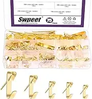 Swpeet 75Pcs 5 Sizes 10lb/20lb/30lb/50lb/100lb Golden Picture Hangers with Nails Assortment Kit, Metal Picture Hanging Hooks, Heavy Duty Frame Picture Hooks, Picture Hanging Hardware for Drywall