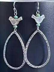 Sweet Silver Bird Teardrop Long Dangle Earrings. Spring