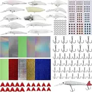 Unpainted Fishing Lures Making Kit DIY Crankbaits Minnow Blank Hard Lures Bait Set with Treble Hooks Split Rings 3D Fish Eyes Fishing Lure Stickers Fishing Lures Making Tackle Kit (306pcs DIY Kit)