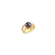 14k Yellow Gold 7.5mm Black FW Cultured Pearl AAA Diamond ring