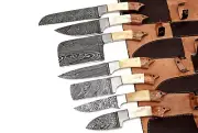 Custom Handmade Damascus Steel Kitchen Knife 7 pcs with leather Sheath.