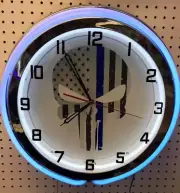 18" Thin Blue Line Punisher Police Officers Sign Double Neon Clock