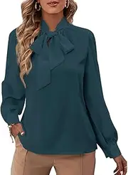 Rooscier Women's Bow Tie Neck Long Sleeve Buttton Cuff Chiffon Elegant Blouse