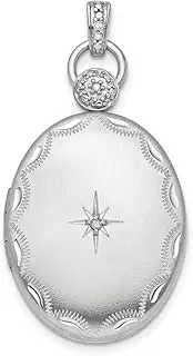 [JewelryWeb] 925 Sterling Silver Rhodium Plate 26mm Diamond Accented Sparkle Cut Photo Locket Pendant Necklace