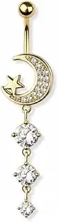 [Pierced Owl] 14GA 316L Stainless Steel Crescent Moon with Triple Dangling CZ Crystals Belly Button Ring