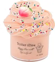 Orange Fluffy Floam Butter Slime with Peach Charm, Birthday Cake Scented Slime Premade Cotton Mud DIY Toys for Girls Boys(200ML)