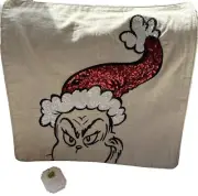 2022 PB Dr. Seuss the GRINCH Christmas Sequined Throw Pillow Cover NEW 18”square