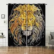 AILONEN Gold Lion Head Window Curtain,Glowing Lion Drapes Curtains for Teens,Adults,Wildlife Lion Head Window Curtain for Bedroom Living Room Decor 42" W x 63" H,2 Panels Set,Washable