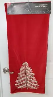 Decorative Christmas Tree Table Runner 15x72 Red Velvet~White Fringed NWT India