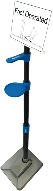 BOOC foot operated hand sanitiser dispenser. Bottle diameter to 10cm. Dispenser height adjustable 75cm- 105cm