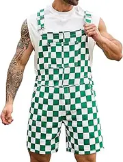 [Odefou] Checkered Bib Overalls for Men Jumpsuit Shorts Work Coveralls