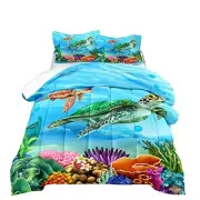 3D Color Coral Turtle Bedding Set for Kids,Ocean Beach Animals Ultra Queen Blue